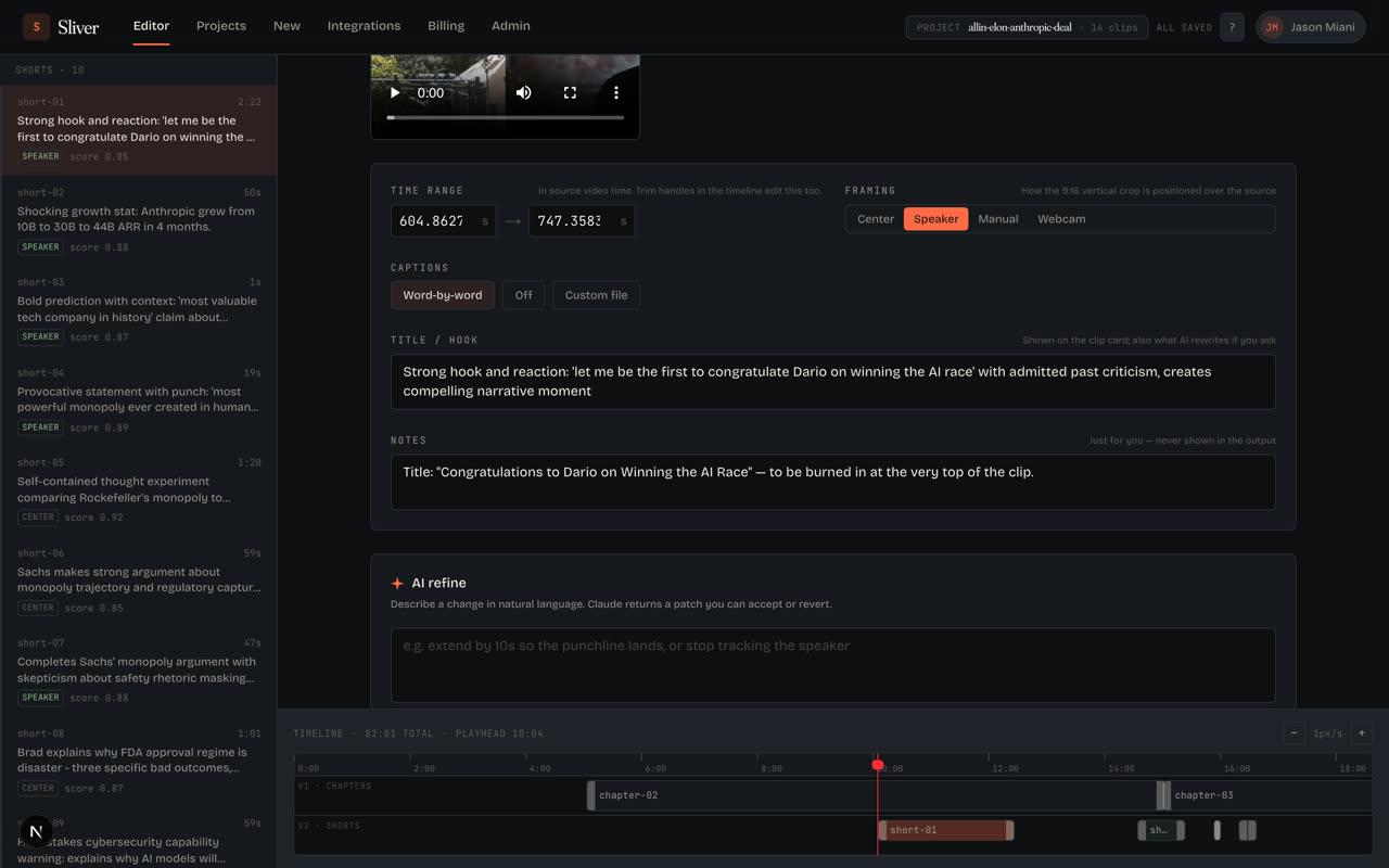Sliver editor AI refine panel for requesting clip changes in plain English