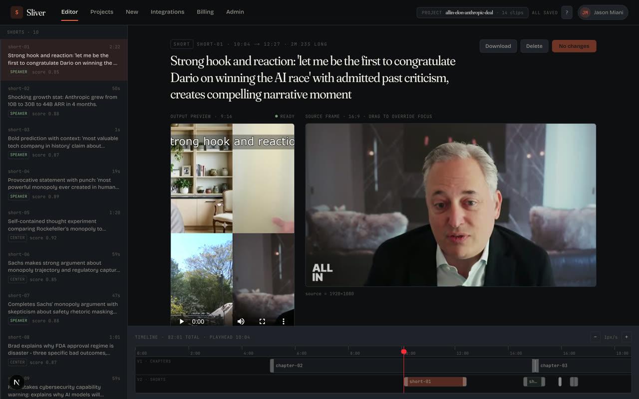 Sliver export view showing generated clips available to download
