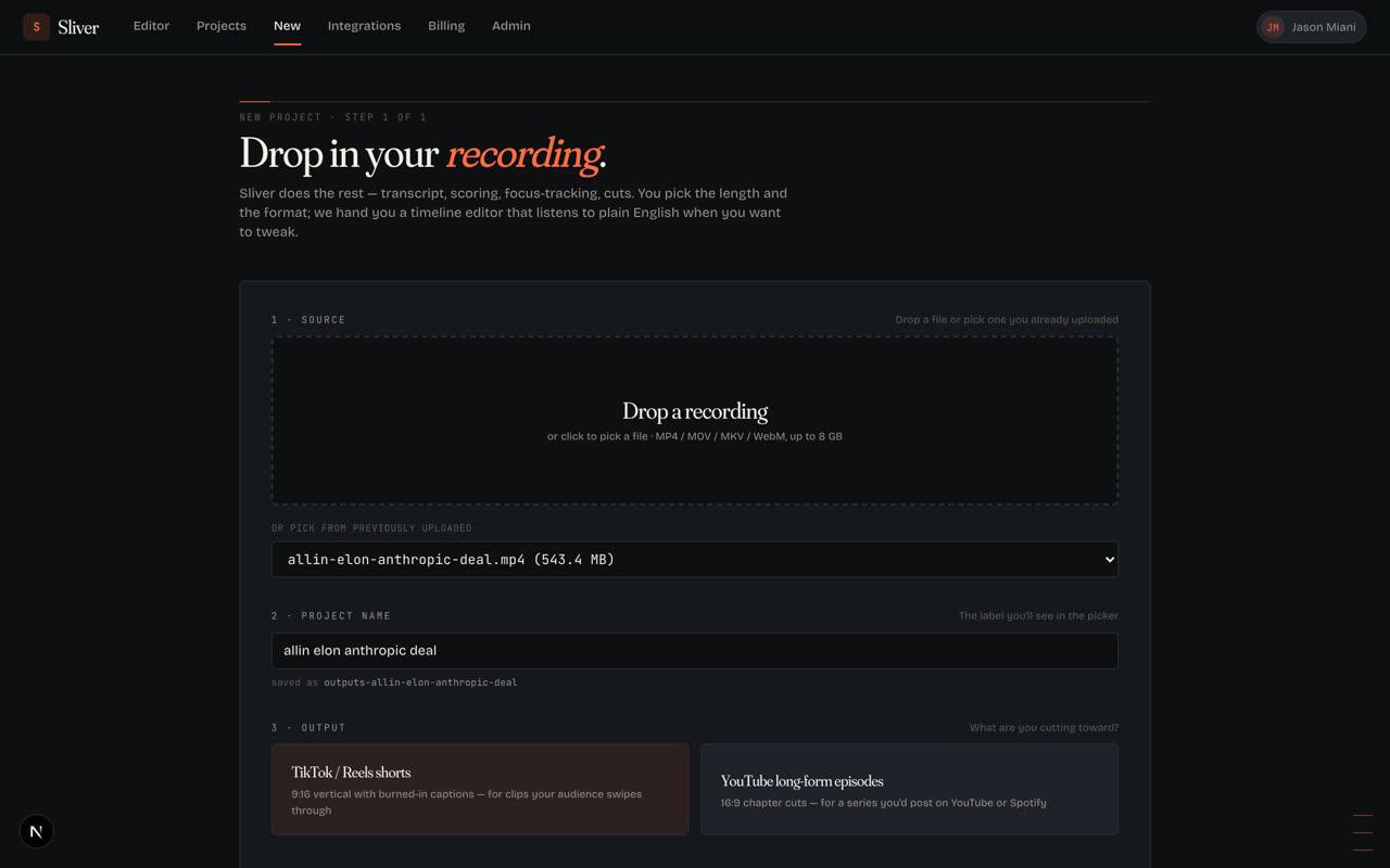 Sliver upload screen showing a video being prepared for AI clipping
