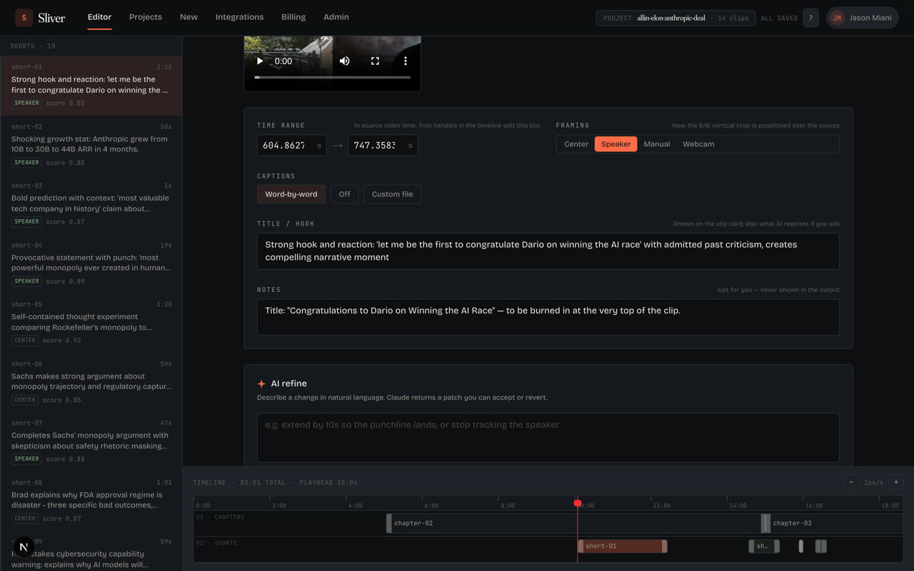 Sliver AI refine panel for requesting clip changes in plain English