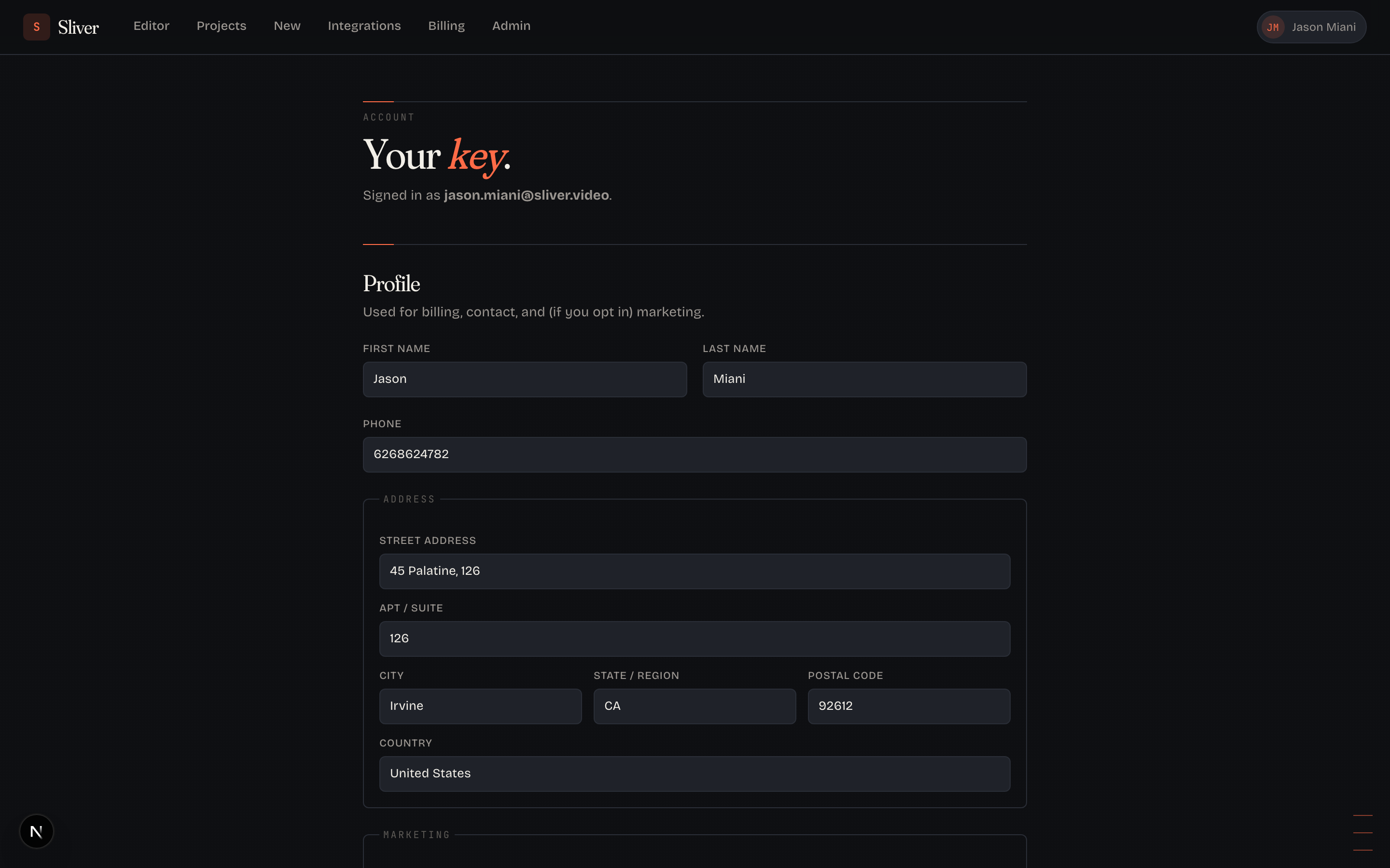 Billing tab with current plan and Manage button