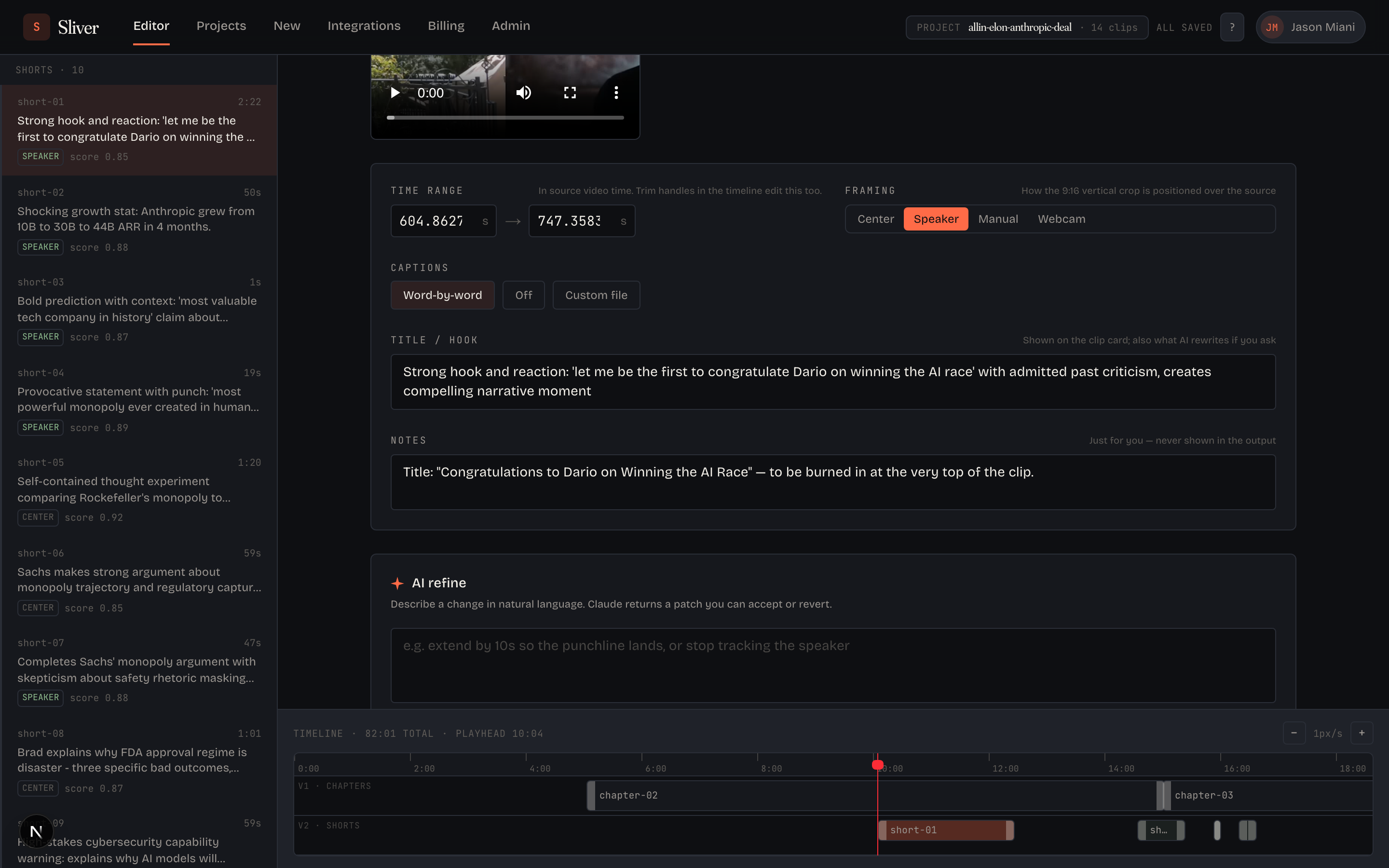 AI refine panel with prompt box and history