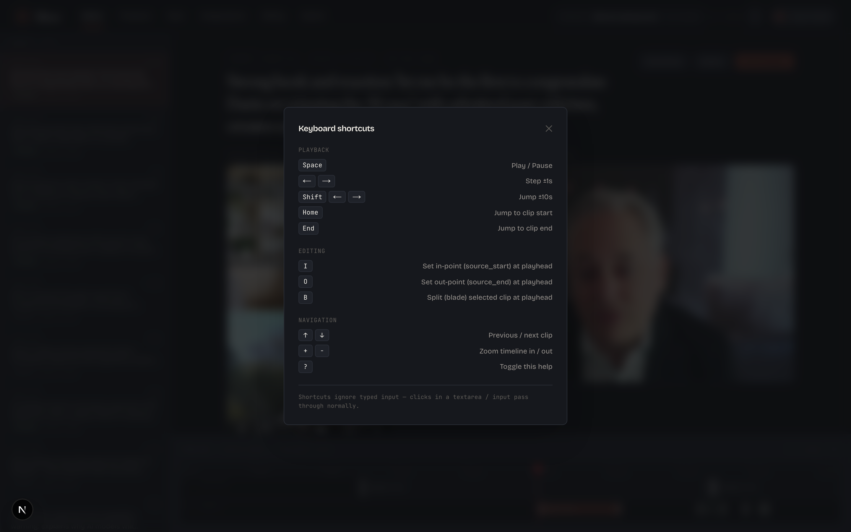 Shortcuts help overlay open over the editor